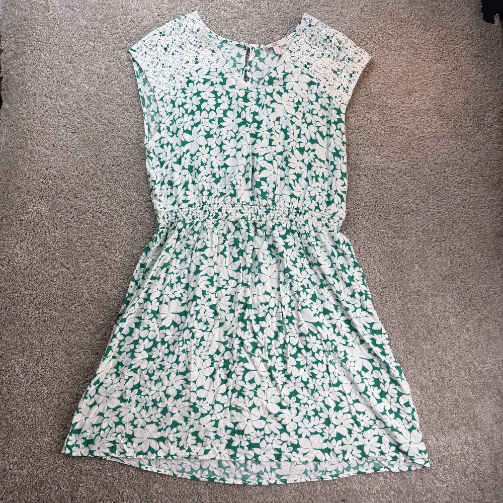 Como Vintage Dress Womens L Green Floral Sleeveless Short Rayon Crochet Sundress